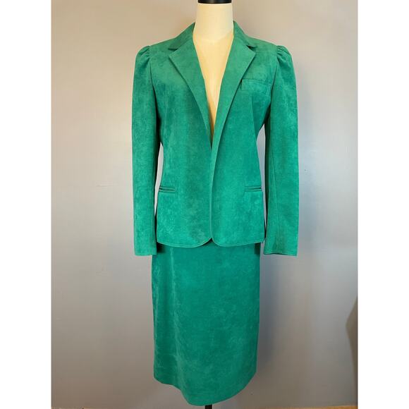 Vtg 1980s Jewel Tone Green Ultra Suede Skirt Set Suit Adolph Schuman Lilli Ann - Picture 8 of 10